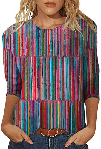 Maglietta da donna quotidiana con stampa floreale e paillettes, scollo rotondo, maniche a tre quarti, con scollo rotondo, con stampa larga, camicetta laterale, 24-0315A-lilla, M