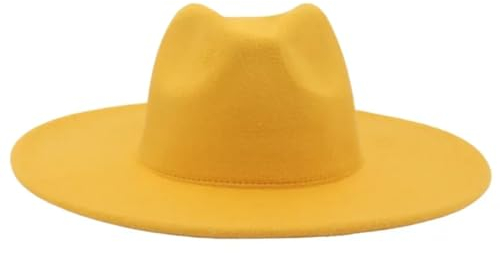 Hndudnff Unisex Fedora-Hut mit großer Krempe, einfarbig, formeller Retro-Filzhut, einfacher Jazz-Hut, Gelb GMao, M