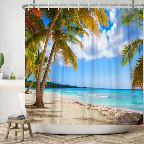 ASDCXZ Rideau de douche 180 x 180 cm, motif palmiers, plage, ciel de mer, plantes tropicales, salle de bain, lavable, en polyester, textile, imperméable, pour baignoire, avec 12 crochets