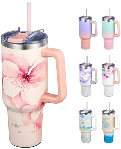 THILY 40 oz Vacuum Insulated Tumbler with Handle - Stainless Steel Coffee Travel Mug with Lid and Straws, Cupholder Friendly, Keep Drinks Cold for 34 Hours or Hot for 12 Hours, Cherry Blossoms