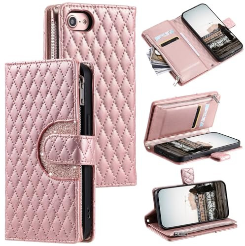 Rnrieyta Miagon for iPhone 8 Plus/7 Plus Bling Zipper Case,Glitter Wallet Purse Handbag with Wristlet Card Slots Pocket PU Leather Magnetic Flip Kickstand Cover