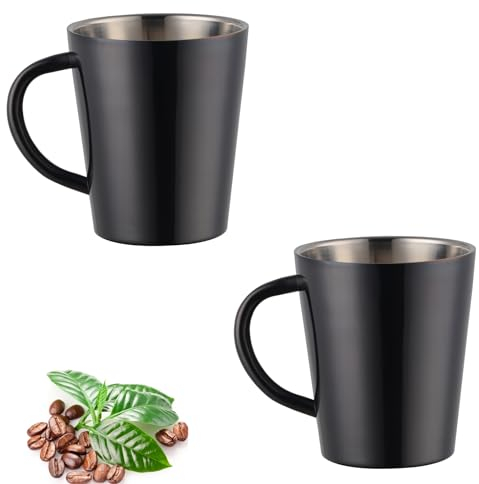 TUPMFG 2Pcs 300ml/10oz Stainless Steel Coffee Mug, Double Walled Coffee Cup, Metal Insulated Mug, Camping Mugs, with Handle,for Travel,Home,Office (Black)