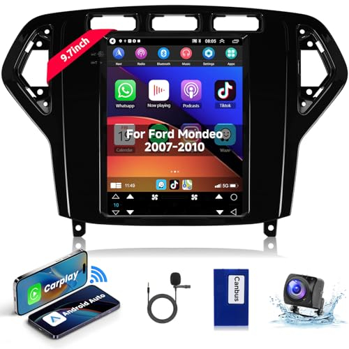 Podofo 9.7‘’ Android Autoradio Bluetooth Für Ford Mondeo 2007-2010 Wireless Carplay Android Auto Mirror link,Car Radio 2 Din mit Bildschirm+AHD Rückfahrkamera HiFi RDS/FM/DVR