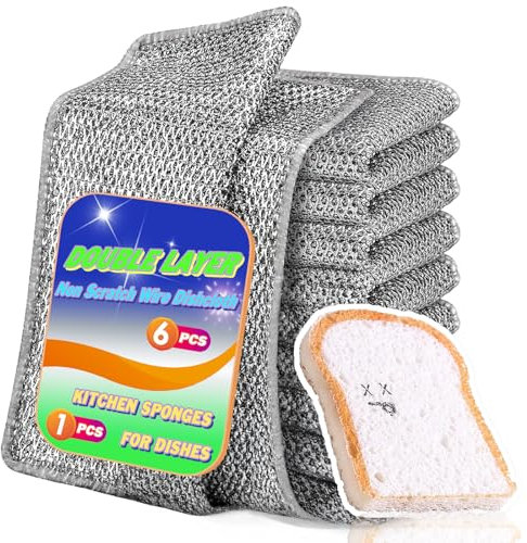 Non Scratch Wire Dish Cloth 6 Pack with 1pcs Kitchen Sponges for Dishes, Double Layer Wire Dish Washing Cloth,Powerful Cleaning Non-Scratch Wire Dishcloth Rag for Cookware, Sinks, Dishes, Stove Tops
