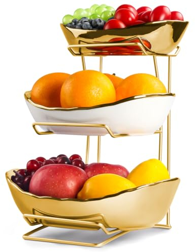 YUNLINLI Obstschale für Küchentheke, 3-stöckiger Obstkorb für Theke, Keramik-Obsthalter, gestufter Obstständer mit Metallständer, abnehmbares Gestell für Obst, Gemüse, Snacks, Dessert-Aufbewahrung