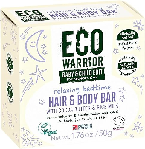 Eco Warrior Baby & Child 2-in-1 Bedtime Bar, Lavender Blossom, Vegan, 50g | Gentle 2-in-1 hair and body bar for bedtime, with a relaxing lavender blossom scent.