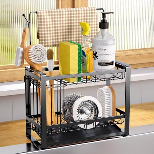 PKBD 2-Tier Kitchen Sink Caddy, Stainless Steel Sponge Rack, Removable Dividers, Dishcloth Rack and Brush Drainer, Kitchen Organizer for Sink Organization, Black
