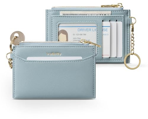 Vulkitty Petit Porte Monnaie et Porte Carte Bancaires Cuir PU Femme avec Porte-Clés et Fenêtre d'identité, Bleu