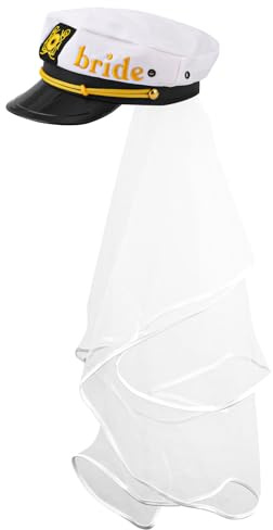 PEUTIER Braut Kapitänshut, Weiß Kapitänsmütze Braut mit Schleier Lustig Nautische Junggesellinnenmütze Junggesellinnenabschiedsgeschenke Brautpartygeschenke für Frauen und Mädchen