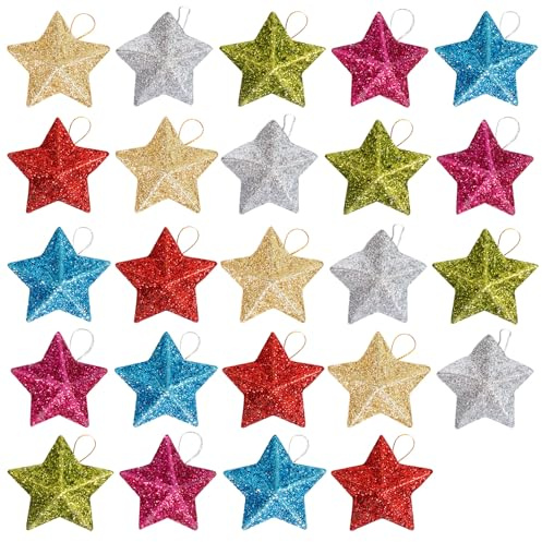 HEOUCH 24 Stück Weihnachtsdeko, Deko Sterne Zum Aufhängen, Stern Weihnachtsbaum, Christbaumschmuck Sterne, Klein Stern Bruchsicher für Baumschmuck, Kamin, Fenster, Tischdeko, Hochzeit (Coloured)