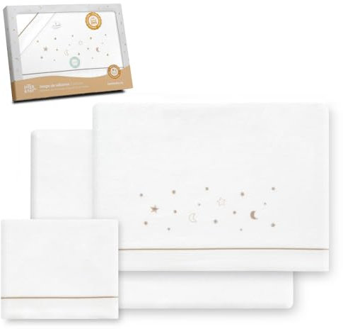 Interbaby - Juego Sabanas Cuna 60x120 Algodon 100% | Sabana Cuna Franela, Cálida, Suave | Incluye Sabana Bajera, Encimera y Funda de Almohada | Ideal para Invierno | Estrellas Luna Blanco/Beige