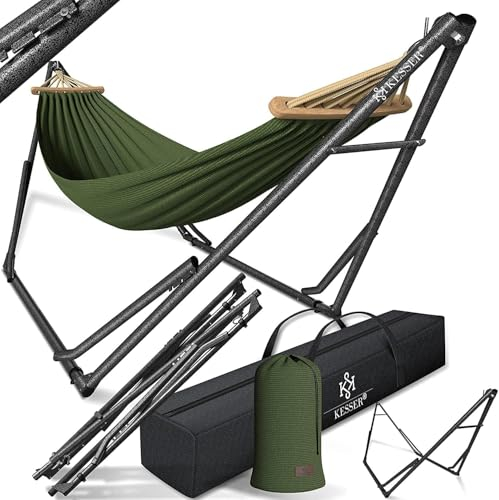 KESSER® Vill Hamac avec armature en métal pliable réglable Cadre stable pour l'intérieur et l'extérieur avec sac de transport + sac de transport pour camping, jardin, piscine, balcon, terrasse, kaki