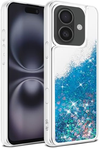 Qiinogow Case Compatible with iPhone 16 Plus, Glitter Case with Quicksand Flowing Liquid, Clear Transparent TPU Gel Silicone ShockProof Protective Phone Cover,Blue