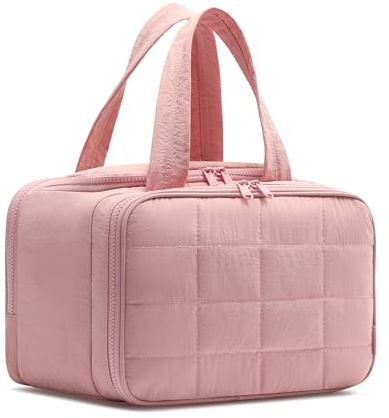 VIROTEE Reise-Kulturbeutel, Puffy weit offen, gesteppt, Make-up-Tasche für Damen, leichte Kosmetiktasche, Organizer mit Griff für Reisen, Zubehör, wichtige Toilettenartikel, dunkelrosa, Puffy