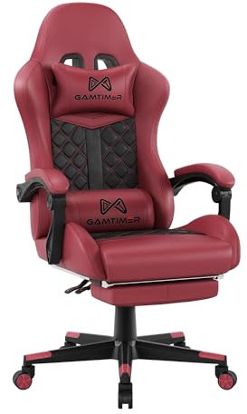 Silla Gaming, Silla de Ordenador ergonómica con reposapiés y Apoyo Lumbar, Piel sintética Transpirable, Silla giratoria de 360 Grados con Altura Ajustable(Rojo)