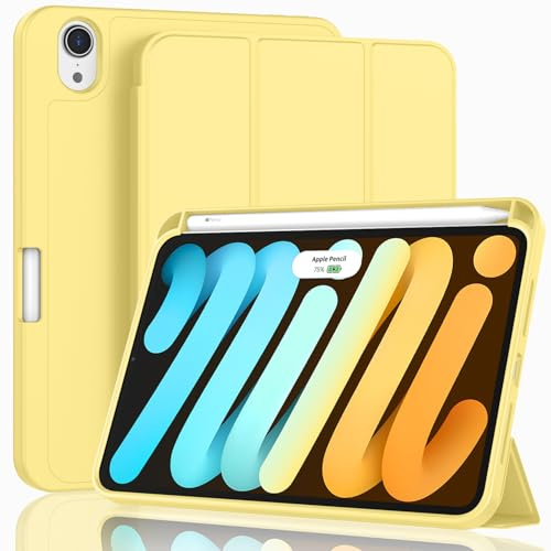 ZryXal for iPad mini 7 Case A17 Pro 2024/iPad Mini 6 Case 2021 8.3 Inch with Pencil Holder, iPad mini 7th/6th Generation Case with Soft TPU Back and Auto Sleep/Wake, Yellow