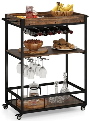 COSTWAY Chariot de Bar, Chariot de Service de Cuisine avec Plateau Amovible, Casier à Vin et Porte-Verres, à 3 Niveaux sur roulettes, Desserte de Style Industriel, Marron Rustique