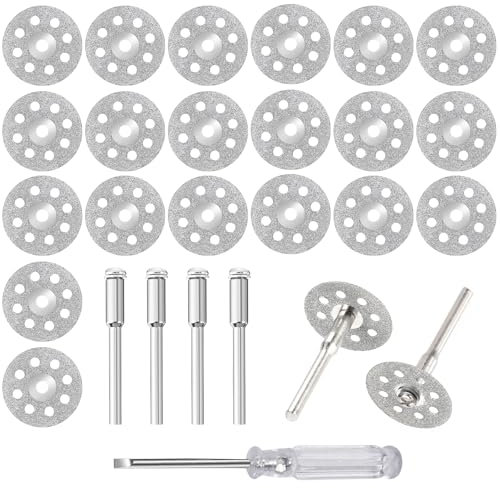 20 Pièces 22 mm Mini Disque Diamant à Tronçonner avec 4 Pièces 3 mm Mandrin et Tournevis pour Outils Rotatifs Dremel pour Couper Métal Pierre Verre Céramique
