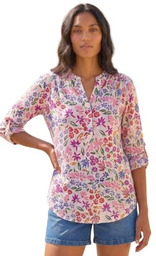 Roman Shirt for Women UK Ladies Top Collarless Blouse Stretchy Tunic Smart Casual Autumn Winter Jersey 3/4 Length Sleeve Notch V Neck Flattering Office Work - Size 10 - Floral Pink