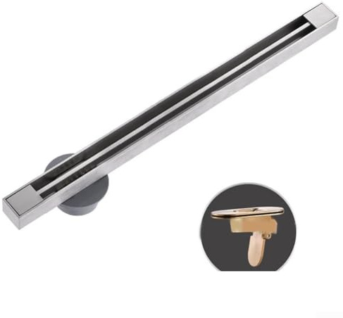 Yuanpgky Scarico a pavimento lineare per bagno con design ultra stretto, griglia di scarico lunga in acciaio inossidabile 304, copertura rettangolare per canale doccia, colore argento, include rame