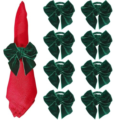 Samt-Schleife Serviettenringe (8er-Set) - Festliche Weihnachtstischdekoration für Feiertage, Erntedankfest und Bankett-Essgelegenheiten (Grün)