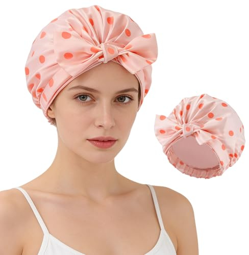 HAGOT Shower Cap for Women, Waterproof Hair Cap for Shower, Double Layer Reusabl, Fits Long Short Hair Curly Hair