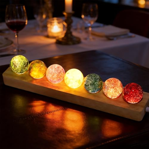 7 Bunte Kristallkugel Nachtlicht, 40mm Glaskristallkugeln mit LED Holzsockel, Meditation Chakra Glaskugel Lampe Heilkugeln, Dekorative Bunte Leuchtkugeln Klein für Wohnzimmer Schlafzimmer (B)