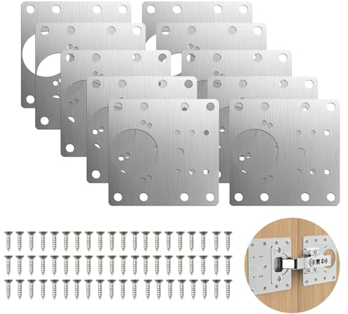 10 Stück Scharnier Reparaturplatte, 9×9 cm Edelstahl Reparaturstück für Seitenscharnierplatte mit 60 Stück Schrauben - für die Reparatur Schranktüren, Kleiderschränke, Bücherregale