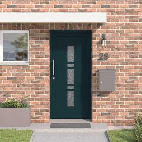 GeenYuu Puerta delantera antracita 98 x 208 cm PVC puerta principal con inserto de cristal y cerradura para entrada y exterior, puerta de seguridad con aislamiento térmico y aislamiento acústico