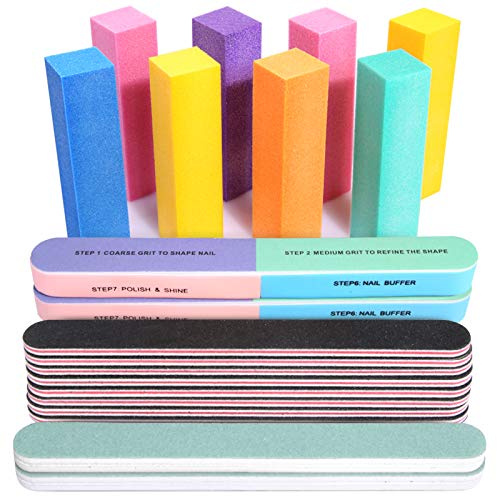 FANDAMEI Nail Files and Buffers, 20PCS Nail File Kit. Rectangular Nail Buffer Block & 100/180 Grit 7 Way Nail File & Polishing Buffer. Nail Prep Kit. Professional Manicure Nail Tools