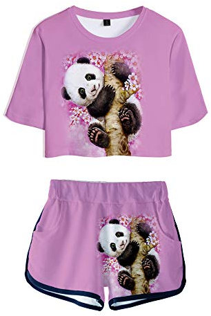 Surwin Damen 3D Druck Sommer Freizeit Streetwear T-Shirt Tops Shorts Anzug Gym Workout Running Trainingsanzug Sommer Sportswear Yoga Kleidung Mädchen 2-teiliges Set (L,Panda F)