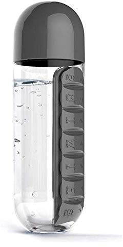 Chillers Pilulier Bouteille de Pilule, Bouteille d'eau Portable avec boîte à pilules, Distributeur hebdomadaire, Distributeur de pilules et Bouteille de 600 ML (Color : Noir)