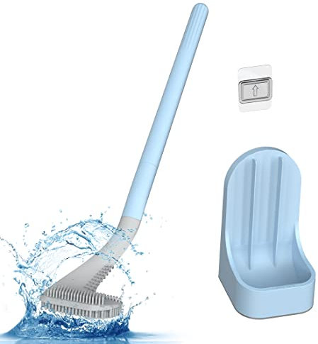 Toilet Brush, Long Handle Golf Toilet Brush with Holder 360° Deep Cleaning Flexible Silicone Toilet Cleaner Brush Wall Mounted for Bathroom (Blue)