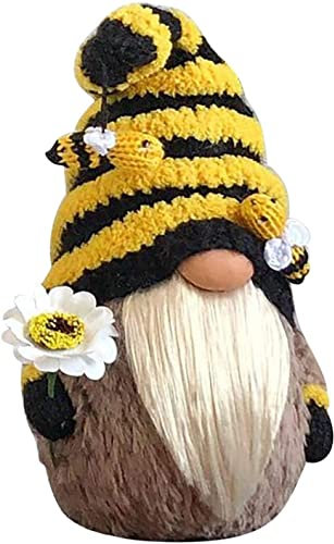 LANKOER Bee Gnome Plush Doll Decoration, Gnome Doll Dwarf Figurines for Garden Home Farmhouse Kitchen Decor, Bee Party Gift Knitted Wool Bumble Shape Ornaments for World Bee Day, Yellow, brown, black
