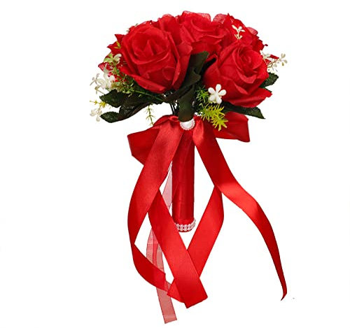 ASSR Romantischer Rosenstrauß für Hochzeiten, künstlicher Seidenstoff, Rosenstrauß mit Band, für Bräute oder Brautjungfern, gefälschte Halteblumen, Dekoration, Rot