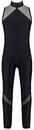 CHICTRY Gymnastikanzug Mädchen Ganzkörper Kinder Ärmellos Ballettanzug Strass Glitzer Tanzbody Stehkragen Trikotanzug Cut Out Leotard Tanzkostüm Schwarz 158-164