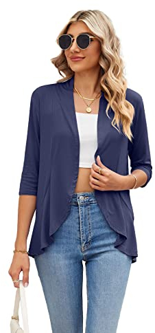 Famulily Women' Lightweight Cardigans, Loose Ruffles 3/4 Sleeve Cardigan Soft Drape Open Front Dusters (L, Navy)