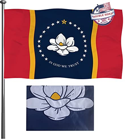 Mosprovie Mississippi Magnolien-Flagge, doppelseitig, 7,6 x 12,7 cm, für den Außenbereich, bestickt, strapazierfähig, 3-lagig, in God We Trust Mississippi, super langlebig, 4 Reihen genähter Rand,