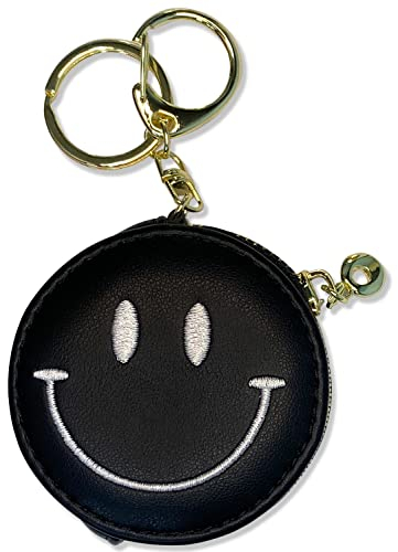 HOLAWIT Niedliches Happy Face Positive Smile Reißverschluss Geldbörse Geldbörse Tasche mit Schlüsselanhänger Weiches Kunstleder Schlüsselring, Schwarz, Münzbörse mit Schlüsselanhänger