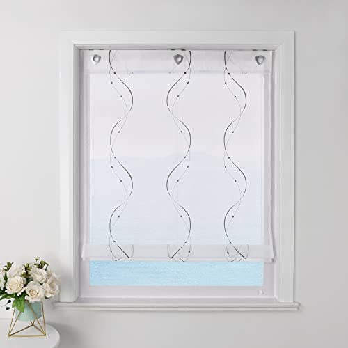 ESLIR Raffrollo ohne Bohren Weiß Raffgardine mit Ösen Transparent Gardinen mit U-Haken Ösenrollo Modern Bestickt Grau BxH 80x140cm 1 Stück