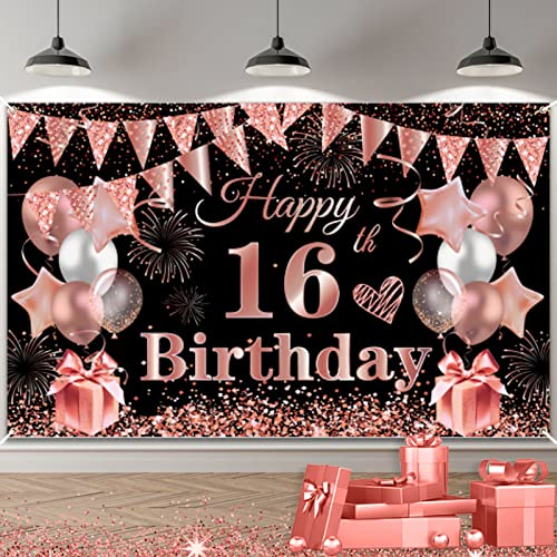 16. Geburtstag Dekoration Schwarz Roségold, Große 16. Schild Poster Foto Stand Hintergrund Geburtstagsfeier Banner, Schwarz und Roségold 16th Geburtstagsbanner für Jungen Mädchen Jubiläum Party Deko