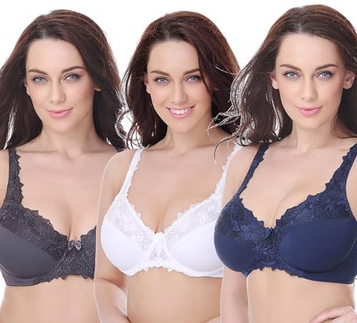 Curve Muse Taglia Grossa Minimizer Reggiseno Sfoderato con Ferretto con Ricamo in Pizzo-Confezione da 3-Marina Militare,Bianco,Grigio-5C