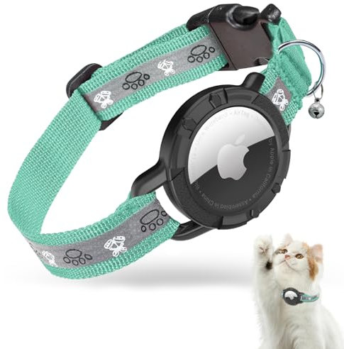 Reflective Airtag Cat Collar, JIARUI Integrated Apple Airtag Cat Collar, GPS Cat Tracker Collar with Airtag Holder and Bell, Lightweight Cat Tracker Collar for Kittens and Puppies [Green] [XS]
