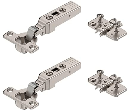 2 x siwitec Blum CLIP top 94° Minischarnier zum Anschrauben mit Feder, Softclose, vernickelt, Eckanschlag, inkl. Exzenter-Kreuzmontageplatten
