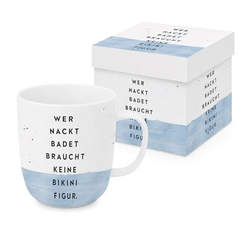 ReWu Bikinifigur Porzellanbecher 400 ml, weiße Spruch-Tasse mit blauem Design, Kaffeebecher & Teebecher mit Geschenkverpackung, spülmaschinenfest & mikrowellengeeignet