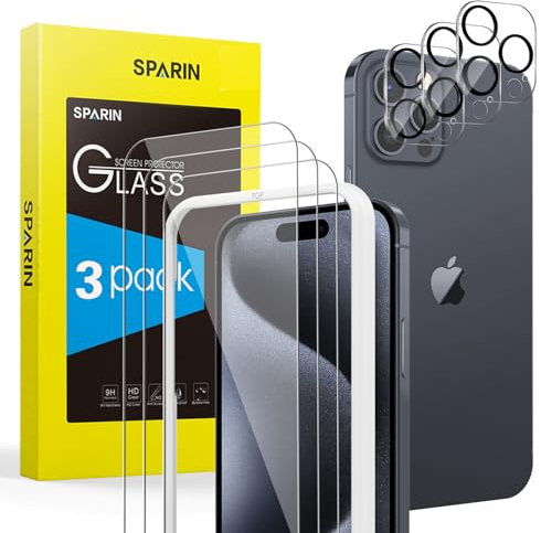 SPARIN für iPhone 15 Pro Max Panzer Schutz Glas, 3+3 Stück Schutzfolie und Kameraschutz mit Rahmen Installationshilfe, 9H Härte Folie, HD Displayschutz