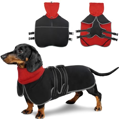 KATZINST Hundemantel, Hundemantel Winter mit Geschirr Wasserdichter hundemantel Verstellbare Taille Hundemantel für Dackel Französische Bulldogge Kleine Mittlerer Große Hunde, Rot S