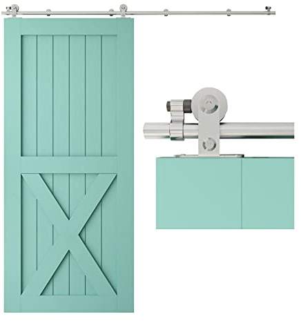 TSMST 200CM/6.6FT Edelstahl Laufschiene Schiebetürbeschlag für Einzelne Holztüren, Reibungslos und Leise (T-Form-Aufhänger)