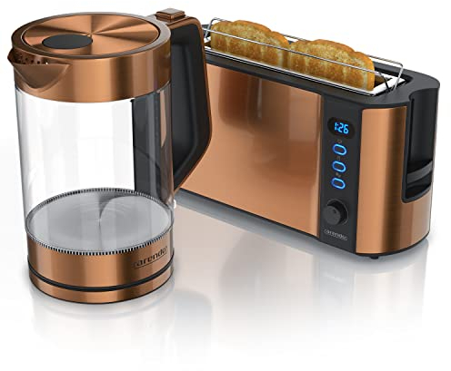 Ensembles Bouilloire et grille-pain électrique en SET Bouilloire en inox 1,7 Litre 2200W Filtre anticalcaire Grille-pain 2 Tranches Ecran LED 6 niveaux de brunissage support viennoiserie cuivre