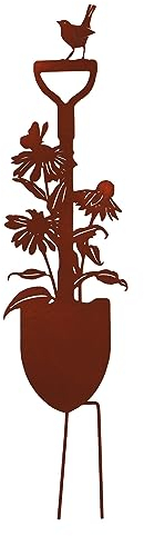 UNUS Gartenstecker Rost Spaten mit Pflanzen und Vogel